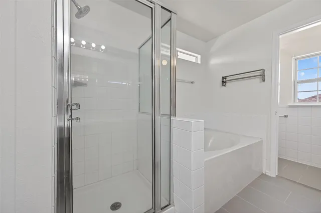 a bathroom with a bathtub and a shower