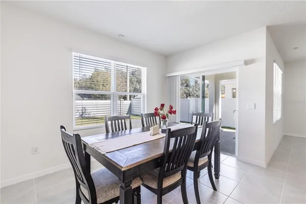 a view of a dining room with furniture and a window