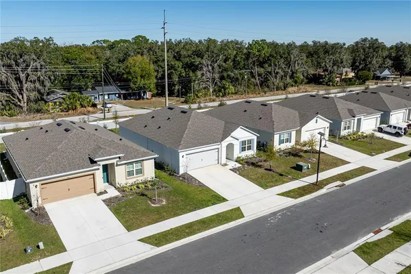 an aerial view of a house with a swimming pool