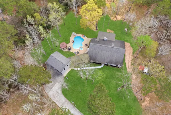 a garden view with a seating space