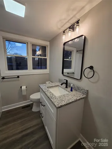 a bathroom with a granite countertop toilet sink and mirror