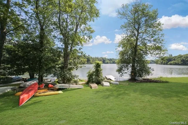 a view of a park with large trees
