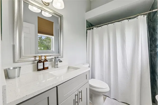 a bathroom with a double vanity sink toilet and a mirror