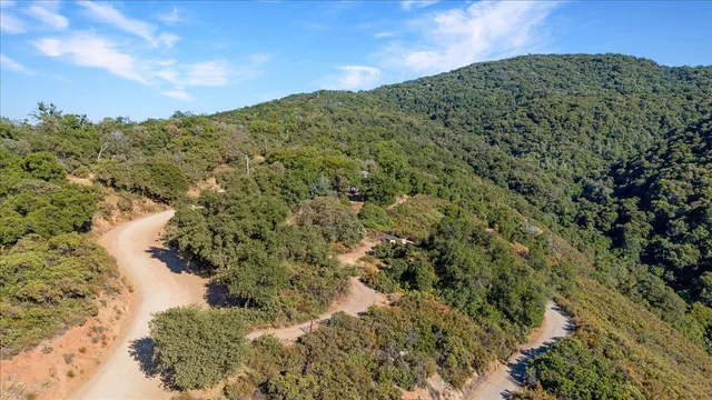 an aerial view of residential house with outdoor space and trees all around