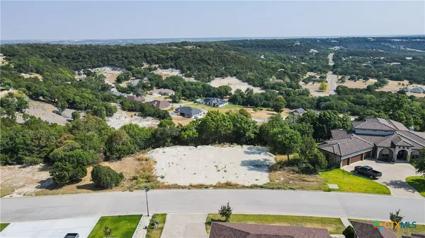 an aerial view of residential houses with outdoor space and trees