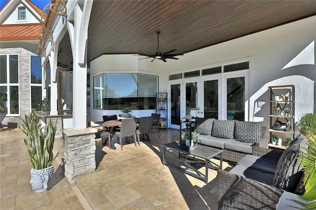 a view of a porch with furniture