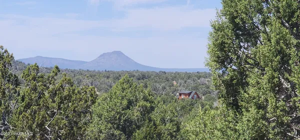 an aerial view of a house with a yard and mountain in the back