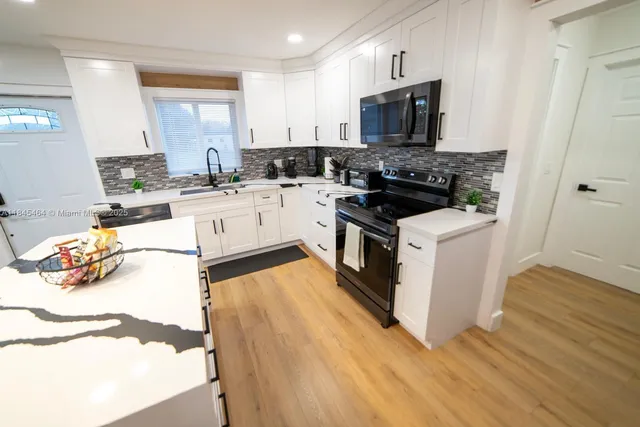 a kitchen with stainless steel appliances a stove a sink and a microwave