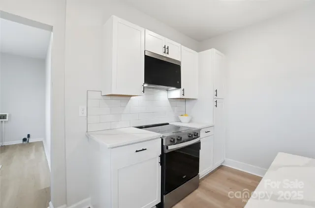 a kitchen with a stove and a microwave