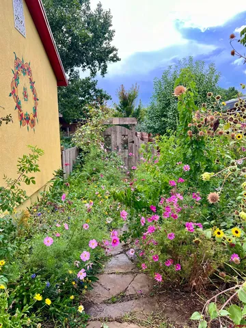 a view of a sign with a bunch of flowers