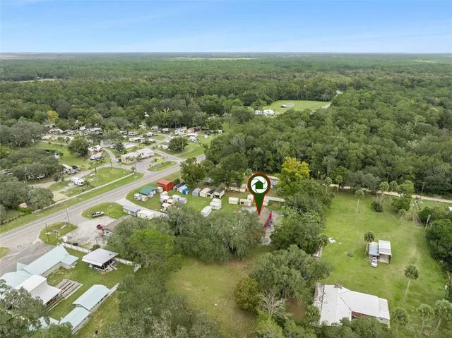an aerial view of residential houses with outdoor space and trees