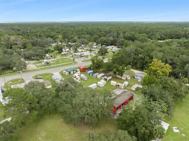 an aerial view of residential houses with outdoor space and trees