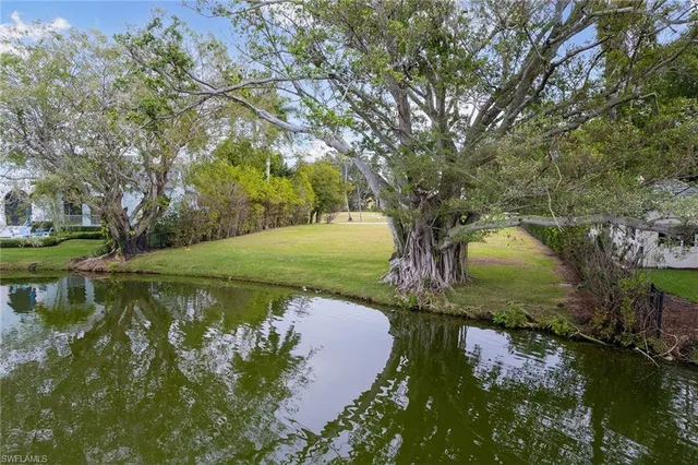 a view of a lake with a yard