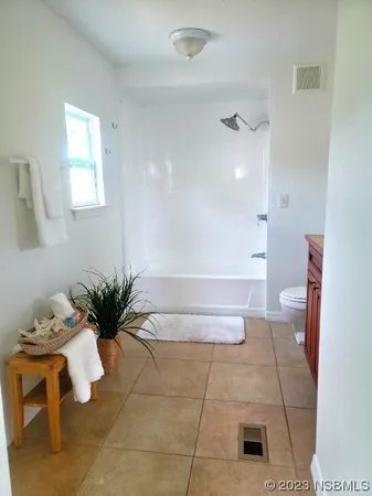 a bathroom with a potted plant and a bath tub