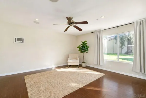 a living room with a potted plant