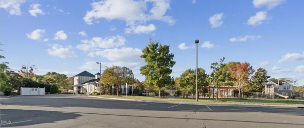a view of a park with large trees