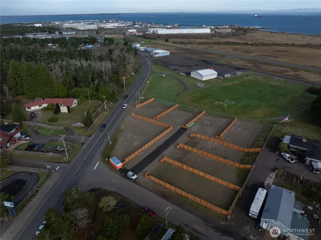 an aerial view of a house with a garden
