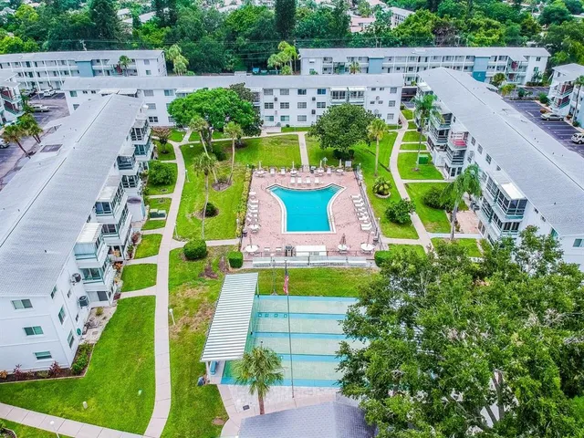 an aerial view of a swimming pool