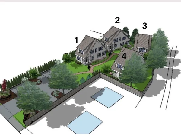 a front view of a house with garden and patio