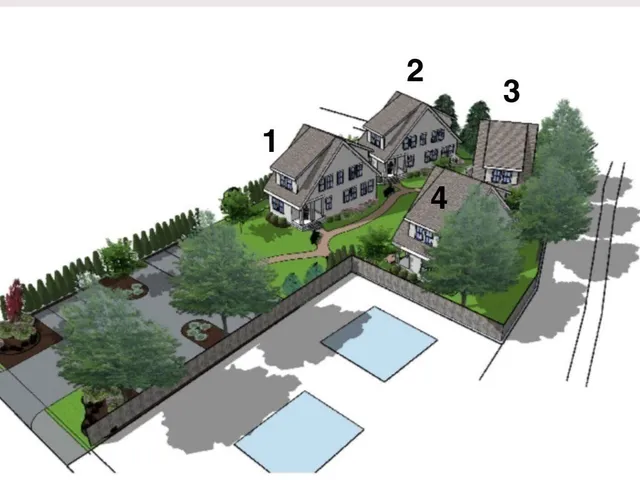 a front view of a house with garden and patio