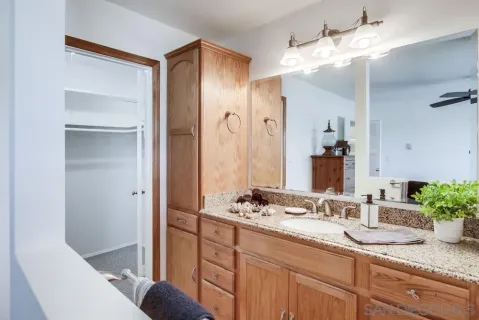 a bathroom with a granite countertop sink and a mirror