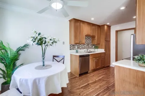 a kitchen with stainless steel appliances a sink and a potted plant