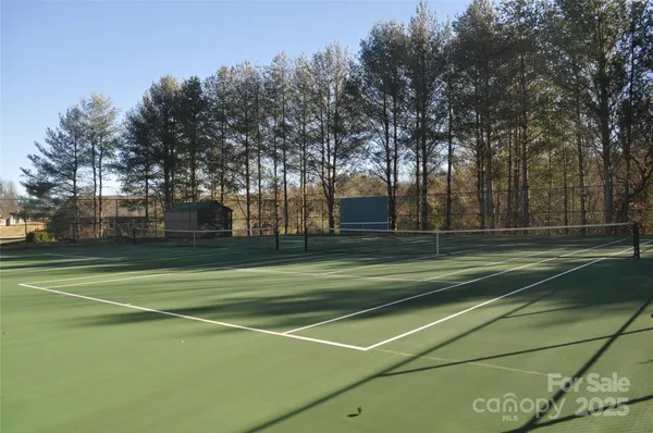 a view of a tennis ground with large trees