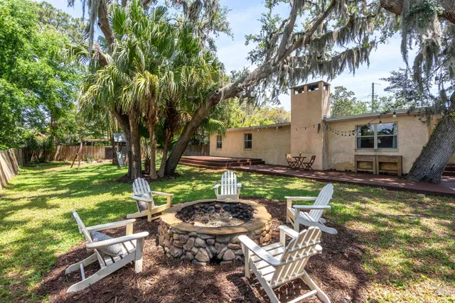 a swimming pool with outdoor seating and yard