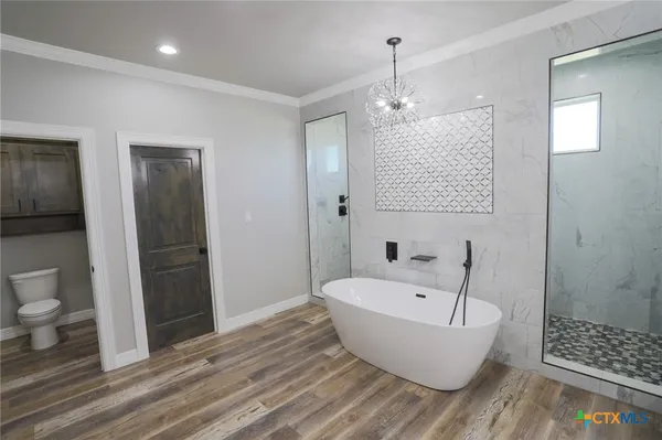 a bathroom with a bathtub and shower
