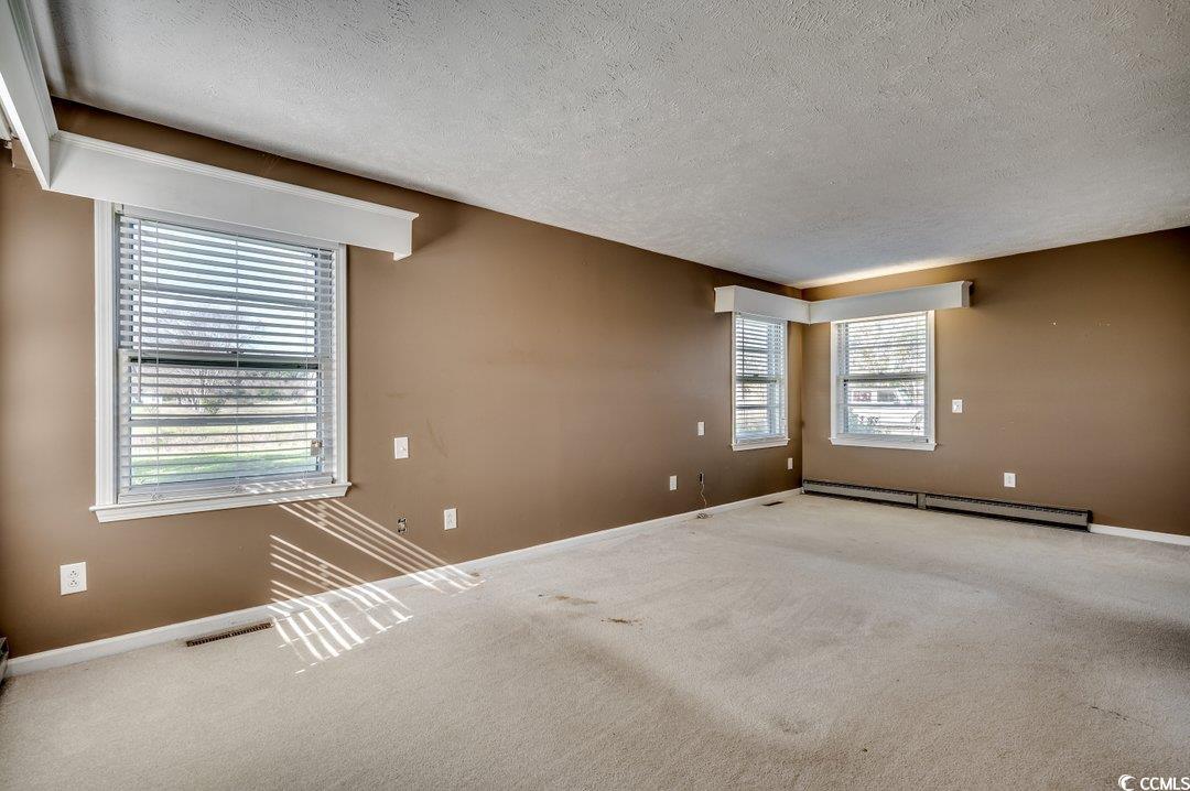 3701 South Green Sea Road Loris, SC 29569 - Photo 21 of 31 Empty room featuring a textured ceiling, carpet floors, and baseboard heating