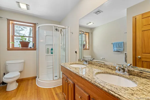 a bathroom with a granite countertop sink toilet and shower