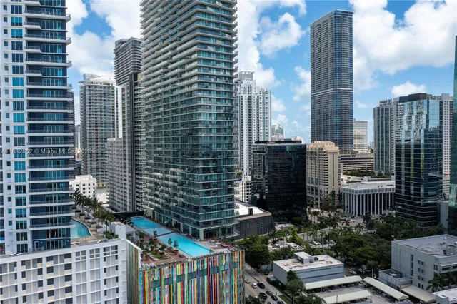 a city view with tall buildings