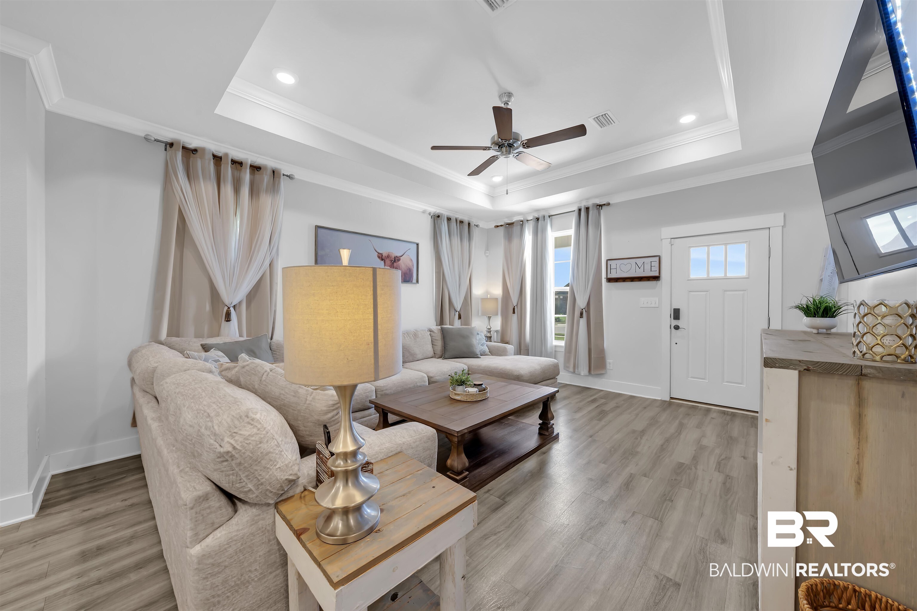 16504 Prado Loop Loxley, AL 36551 - Photo 8 of 45 Living room featuring a ceiling fan, crown molding, light wood-style floors, and recessed lighting