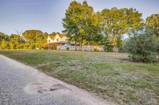 a view of a big yard with large trees