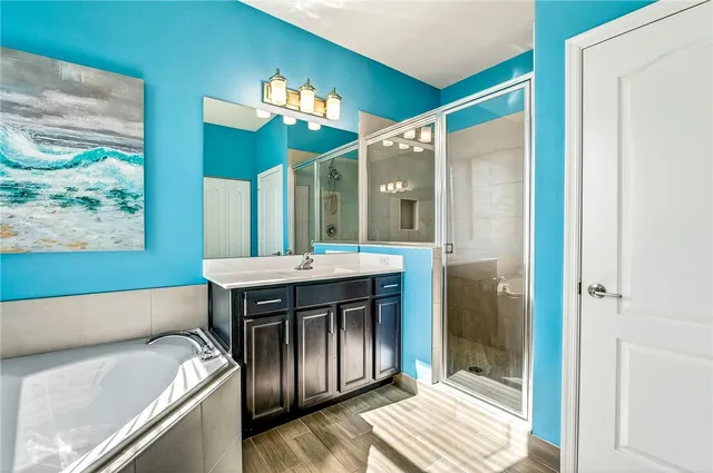 a bathroom with a sink a mirror and a shower