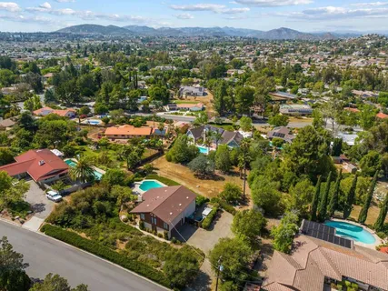 an aerial view of residential houses with outdoor space and trees