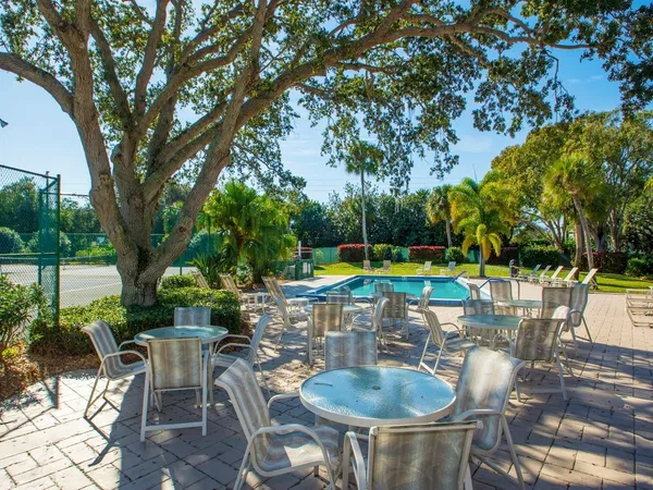 a view of backyard with swimming pool and patio