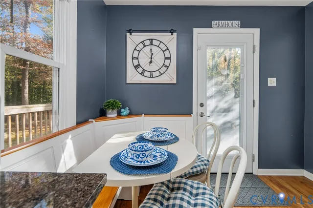a view of a dining room with furniture and wooden floor