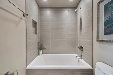 a bathroom with a bathtub