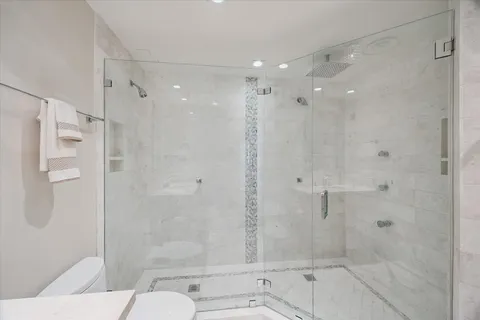 a bathroom with a shower and toilet