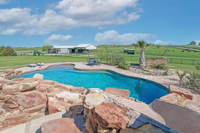 a view of a swimming pool with a yard