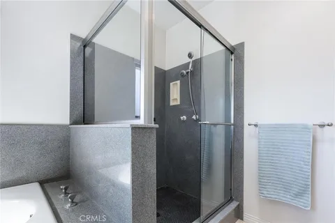 a bathroom with a shower and a sink