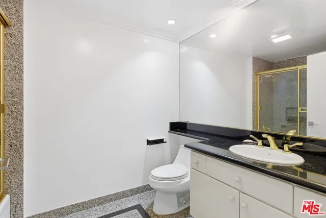 a bathroom with a granite countertop sink a toilet and a mirror