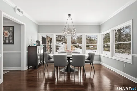 a view of a dining room with furniture window and wooden floor