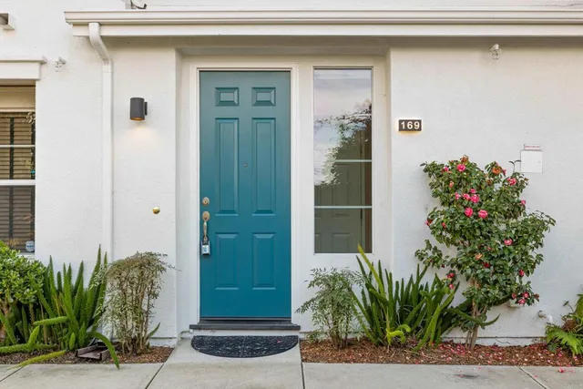 a front view of a house with a potted plant