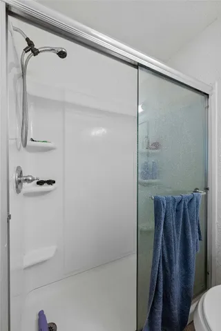 a bathroom with a shower and a toilet