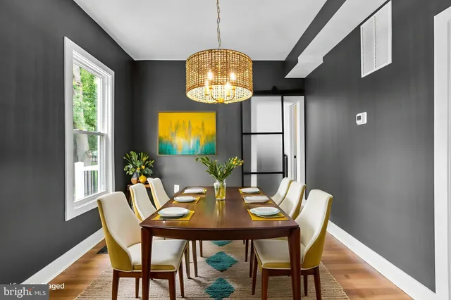 a view of a dining room with furniture window and outside view