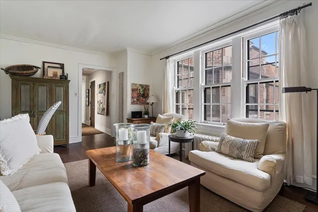 a living room with furniture a rug and a large window