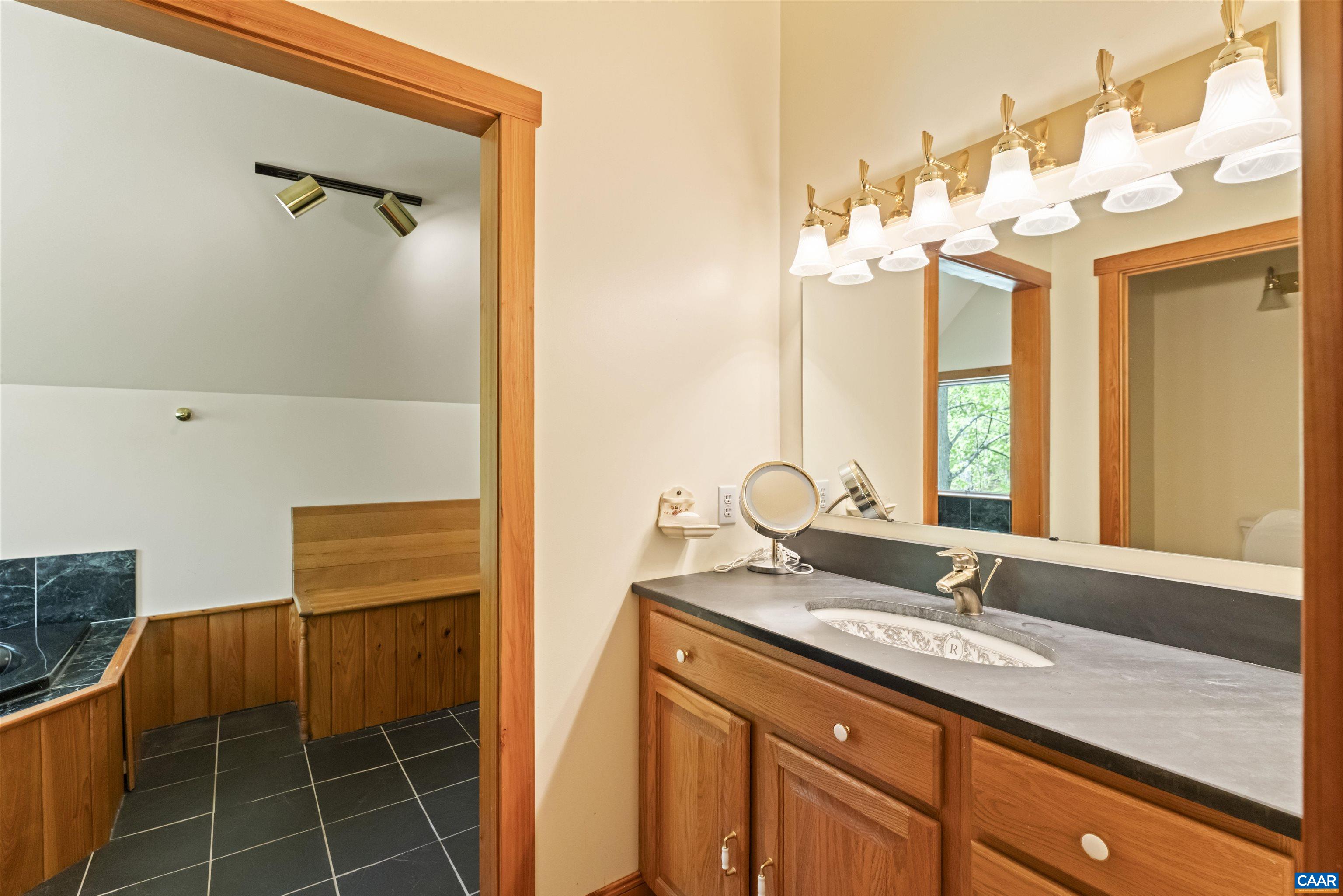 7530 Damon Road Schuyler, VA 22969 - Photo 30 of 72 a bathroom with a granite countertop sink a mirror and a shower