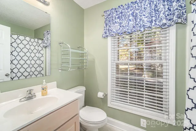 a bathroom with a sink a toilet and shower curtain